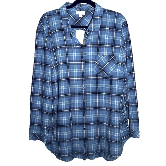 J Jill Button Up Flannel Tunic Top Size XL Blue Plaid Country Lagenlook NWT - Picture 1 of 6